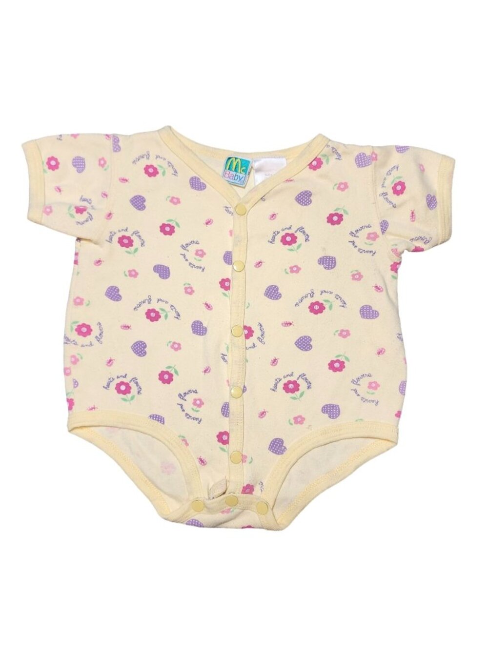 Vintage Baby Girls McBaby Yellow Bodysuit Snap Front 6-9 Months Hearts & Flowers